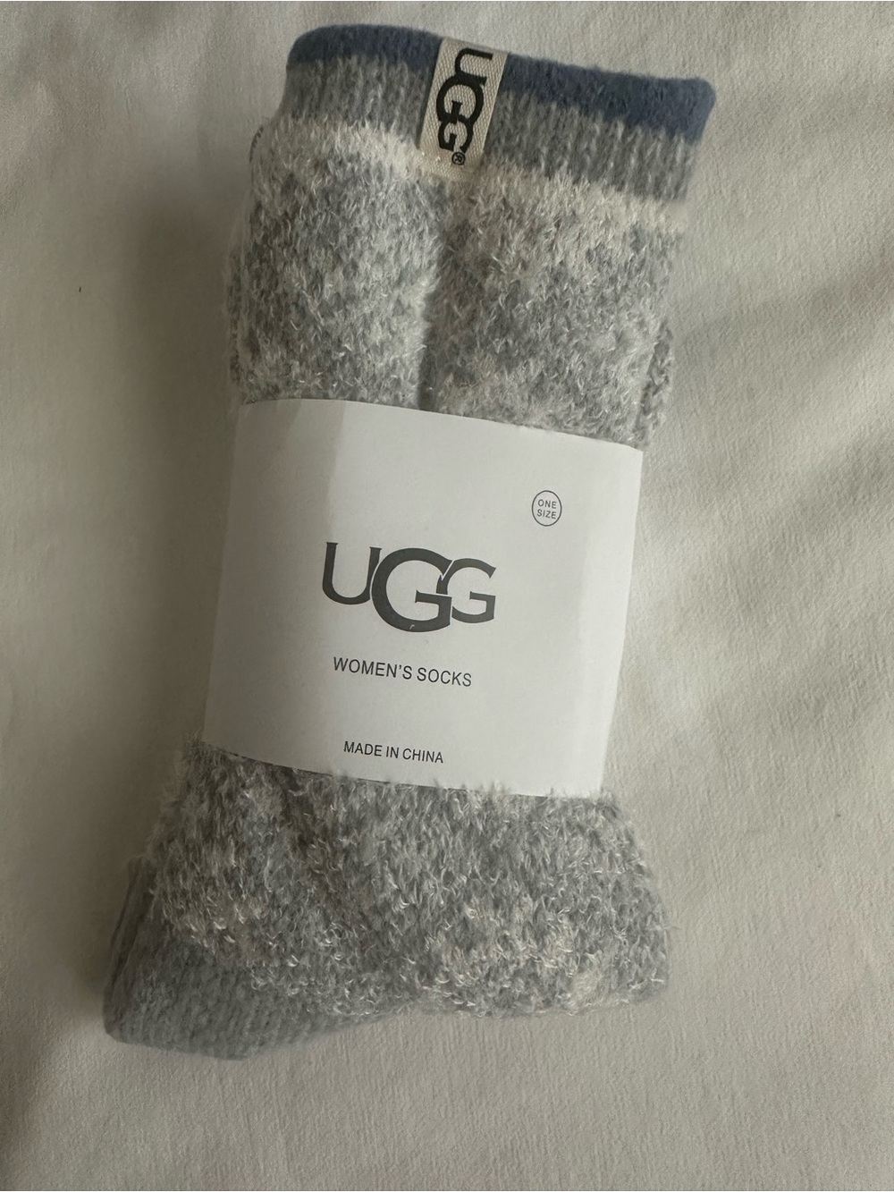 UGG Women's Marled Light Gray Crew Socks with Blue Trim